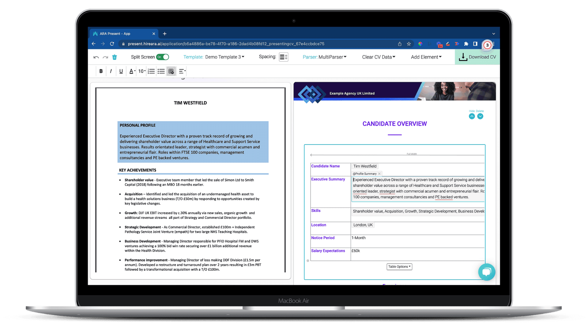 The CrewDog CV editor with a branded candidate CV open